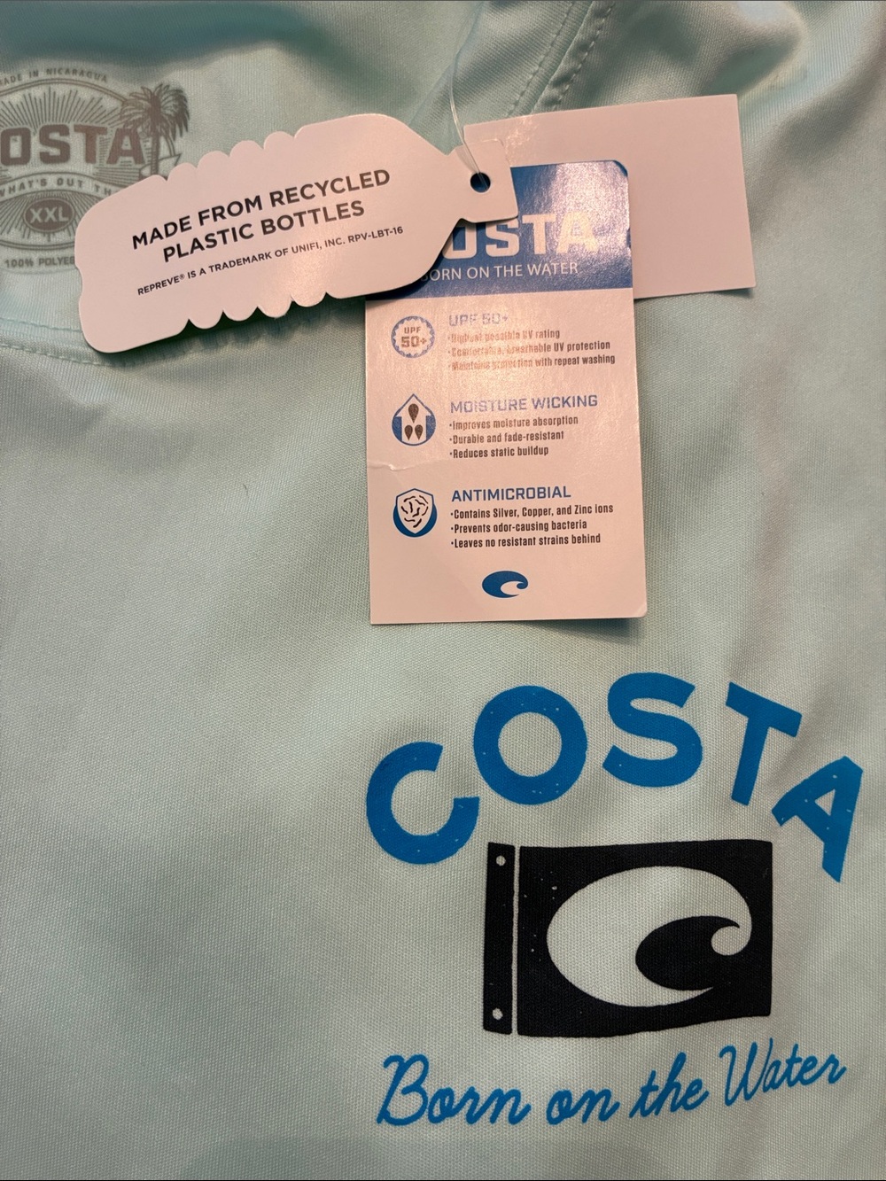 COSTA Men’s NWT Mint Green Long Sleeve Fishing Tee With Navy Sleeve Graphics XXL - Picture 7 of 9